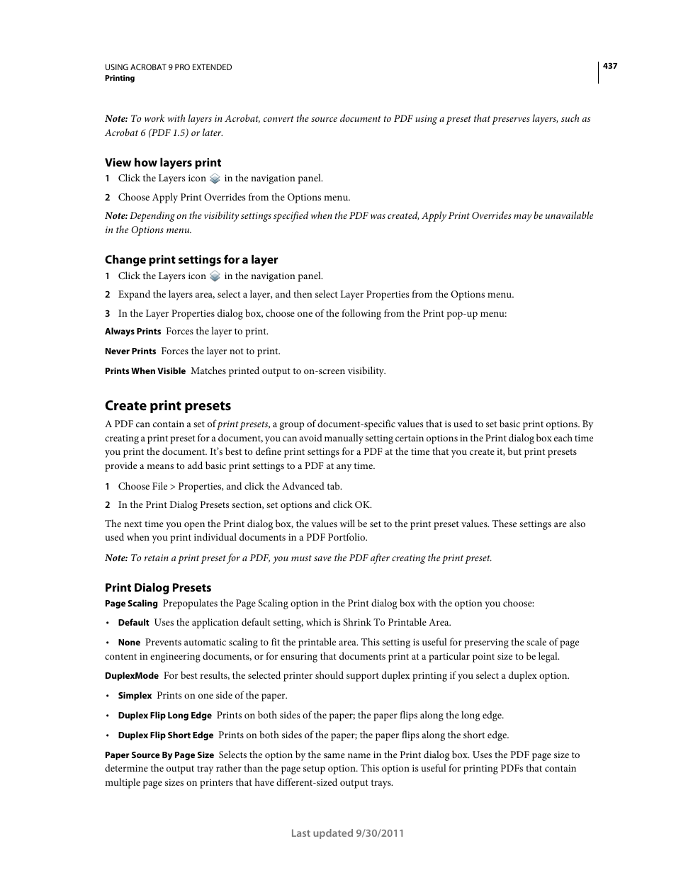 View how layers print, Change print settings for a layer, Create print presets | Print dialog presets | Adobe Acrobat 9 PRO Extended User Manual | Page 443 / 546