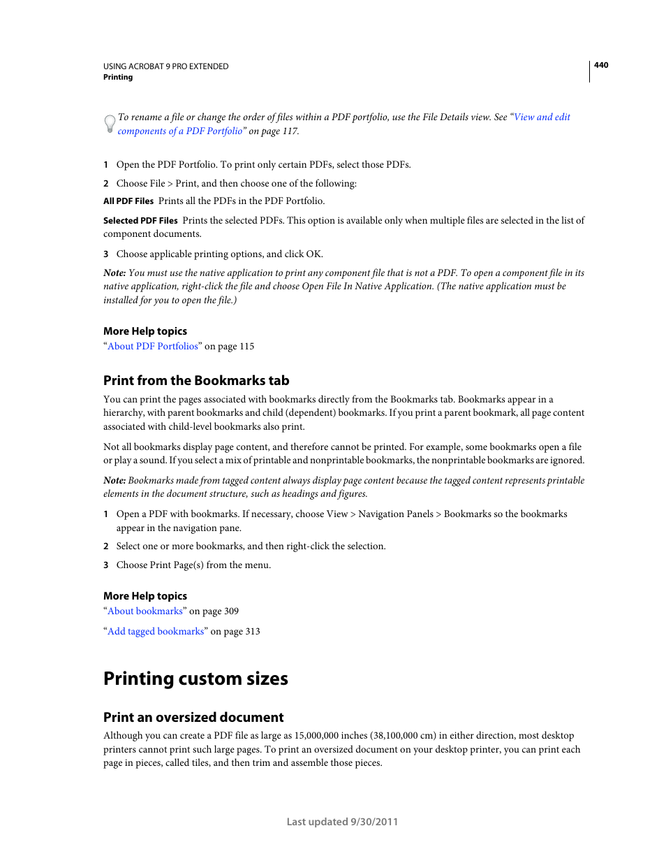 Print from the bookmarks tab, Printing custom sizes, Print an oversized document | Adobe Acrobat 9 PRO Extended User Manual | Page 446 / 546