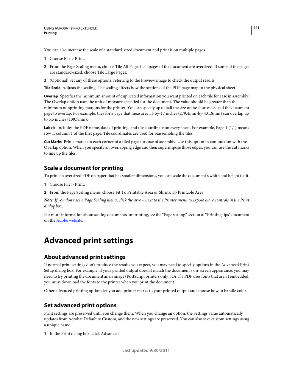 Scale a document for printing, Advanced print settings, About advanced print settings | Set advanced print options | Adobe Acrobat 9 PRO Extended User Manual | Page 447 / 546