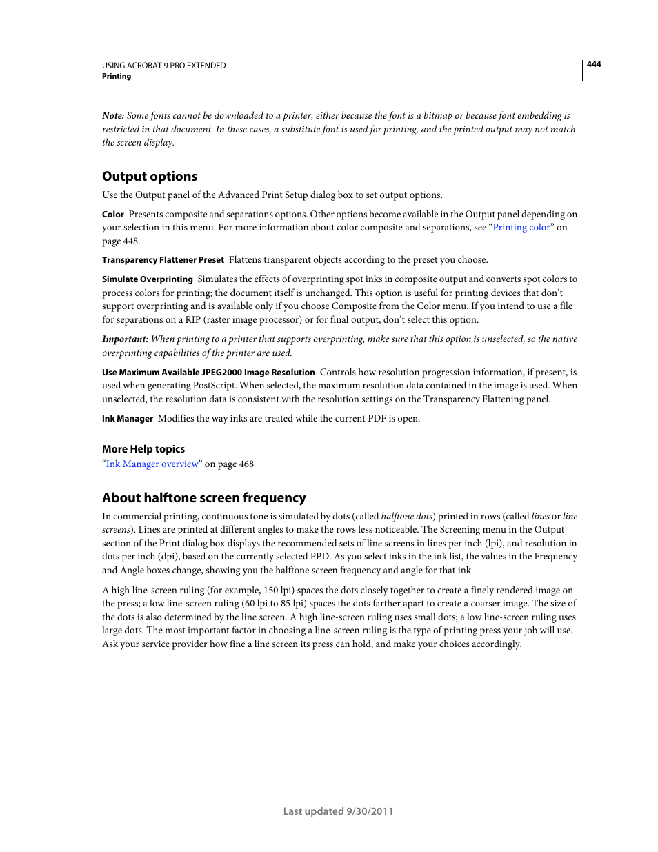 Output options, About halftone screen frequency, Set color and other output conditions. see | Adobe Acrobat 9 PRO Extended User Manual | Page 450 / 546