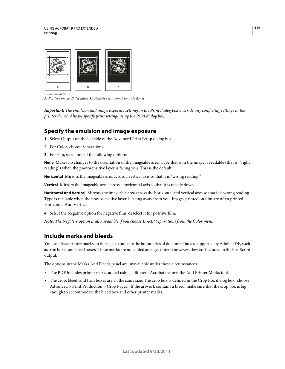 Specify the emulsion and image exposure, Include marks and bleeds, Set options for printer marks. see | Adobe Acrobat 9 PRO Extended User Manual | Page 452 / 546