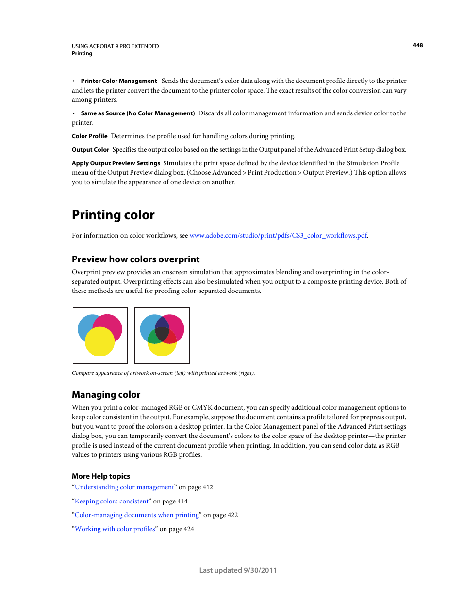 Printing color, Preview how colors overprint, Managing color | Adobe Acrobat 9 PRO Extended User Manual | Page 454 / 546