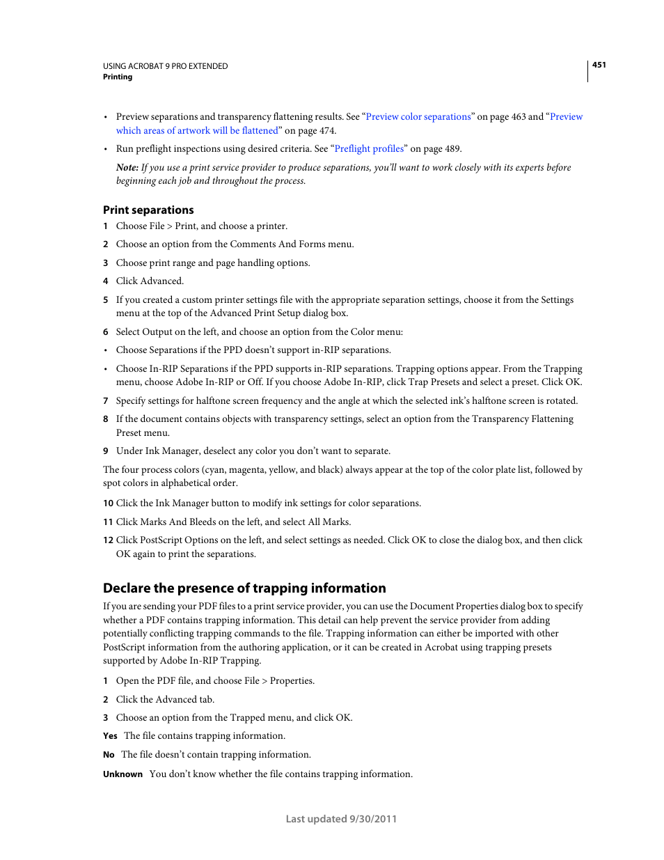 Print separations, Declare the presence of trapping information, Declare the presence of trapping | Information | Adobe Acrobat 9 PRO Extended User Manual | Page 457 / 546