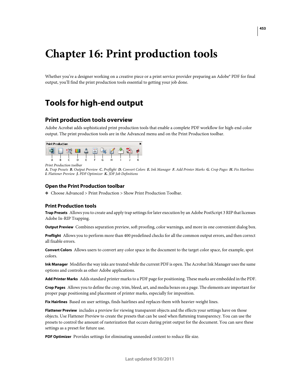 Chapter 16: print production tools, Tools for high-end output, Print production tools overview | Open the print production toolbar, Print production tools | Adobe Acrobat 9 PRO Extended User Manual | Page 459 / 546