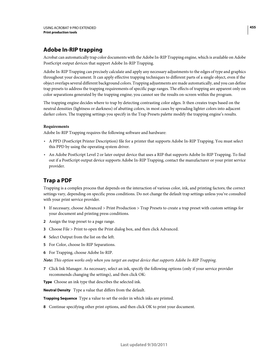 Adobe in-rip trapping, Trap a pdf | Adobe Acrobat 9 PRO Extended User Manual | Page 461 / 546