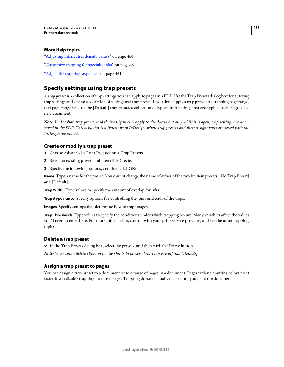 Specify settings using trap presets, Create or modify a trap preset, Delete a trap preset | Adobe Acrobat 9 PRO Extended User Manual | Page 462 / 546