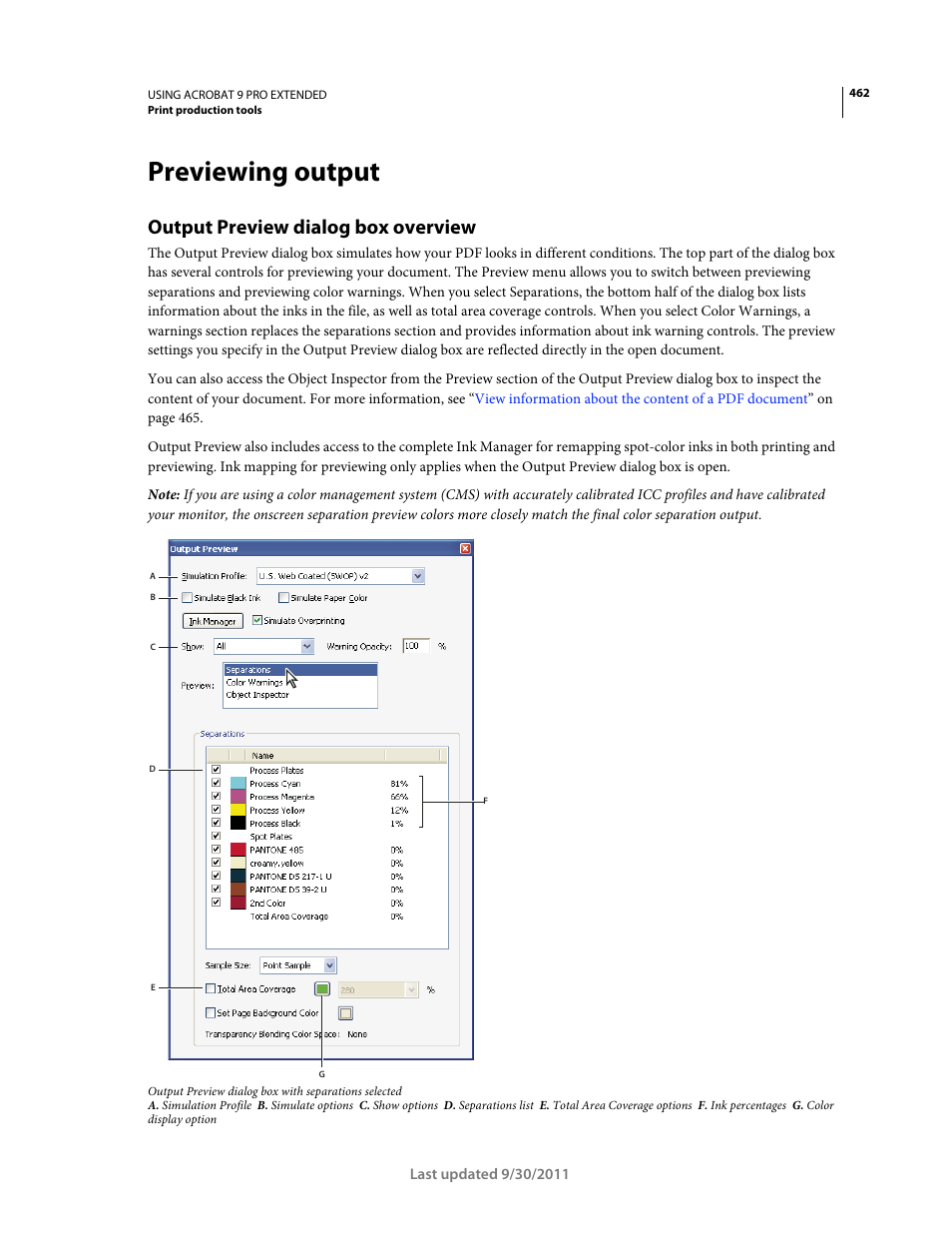 Previewing output, Output preview dialog box overview | Adobe Acrobat 9 PRO Extended User Manual | Page 468 / 546