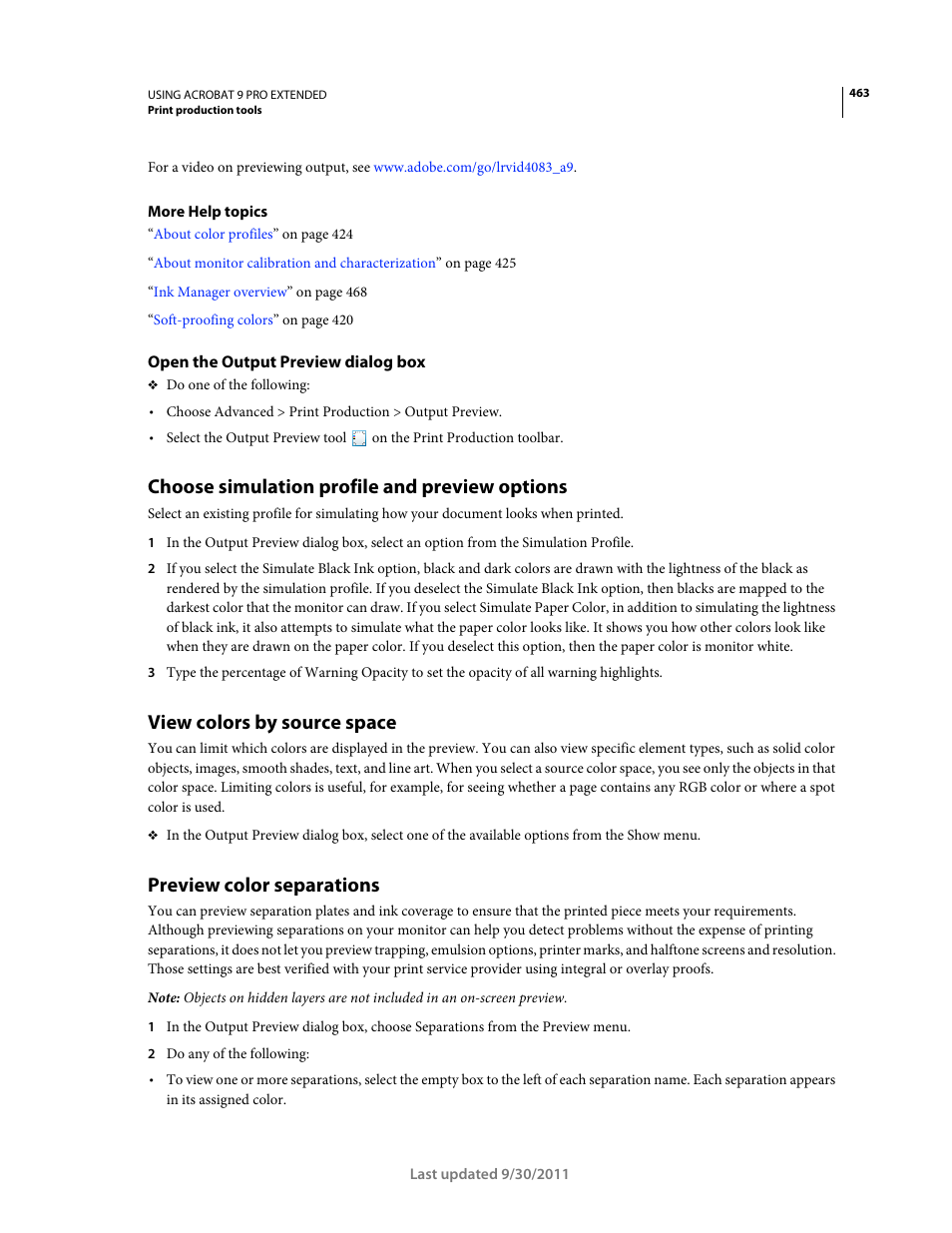 Open the output preview dialog box, Choose simulation profile and preview options, View colors by source space | Preview color separations | Adobe Acrobat 9 PRO Extended User Manual | Page 469 / 546