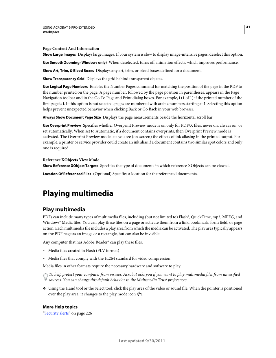 Playing multimedia, Play multimedia | Adobe Acrobat 9 PRO Extended User Manual | Page 47 / 546