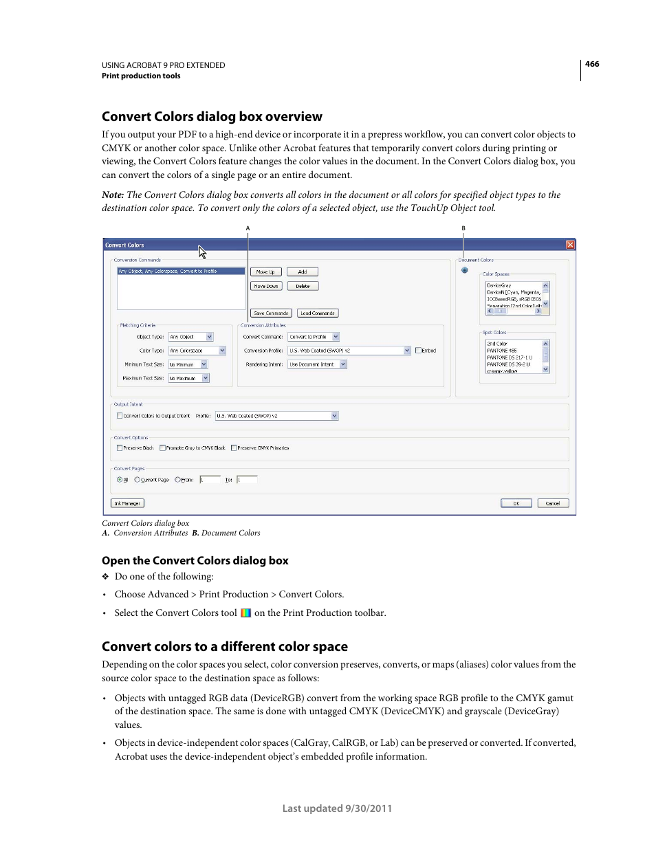 Convert colors dialog box overview, Open the convert colors dialog box, Convert colors to a different color space | Adobe Acrobat 9 PRO Extended User Manual | Page 472 / 546