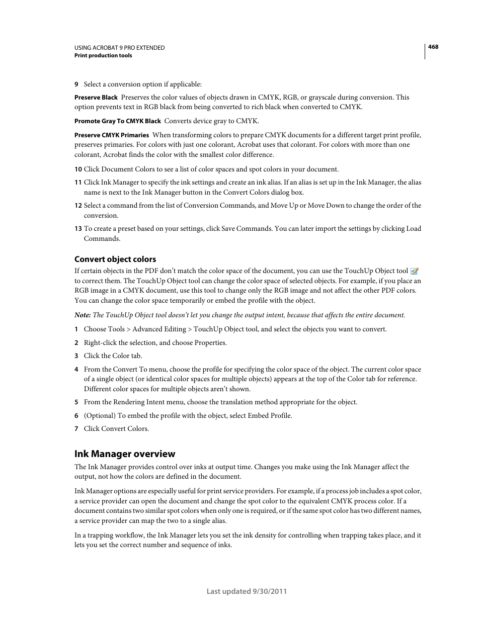 Convert object colors, Ink manager overview | Adobe Acrobat 9 PRO Extended User Manual | Page 474 / 546