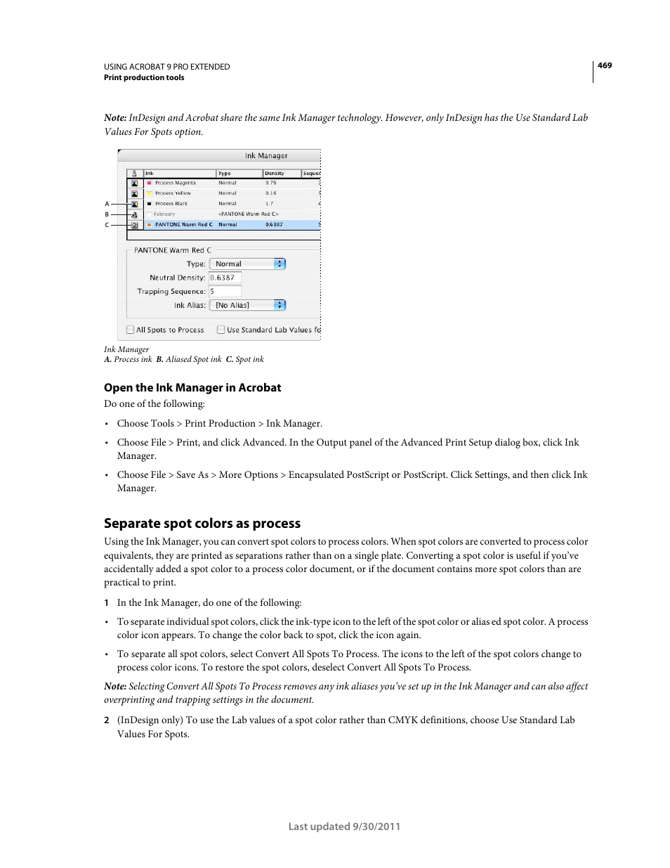 Open the ink manager in acrobat, Separate spot colors as process | Adobe Acrobat 9 PRO Extended User Manual | Page 475 / 546