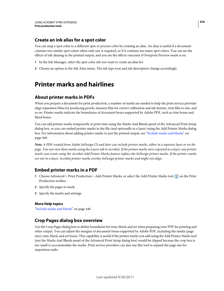 Create an ink alias for a spot color, Printer marks and hairlines, About printer marks in pdfs | Embed printer marks in a pdf, Crop pages dialog box overview | Adobe Acrobat 9 PRO Extended User Manual | Page 476 / 546