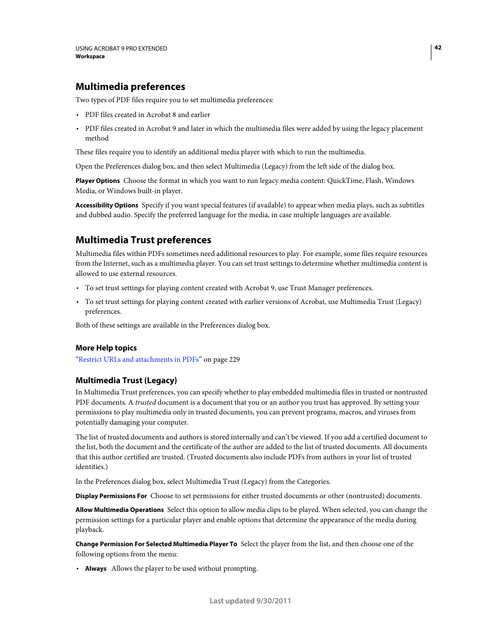 Multimedia preferences, Multimedia trust preferences, Multimedia trust (legacy) | Adobe Acrobat 9 PRO Extended User Manual | Page 48 / 546