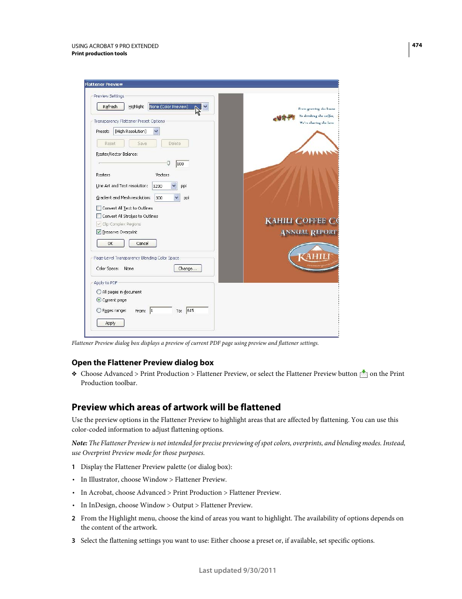 Open the flattener preview dialog box, Preview which areas of artwork will be flattened, Preview | Which areas of artwork will be flattened | Adobe Acrobat 9 PRO Extended User Manual | Page 480 / 546