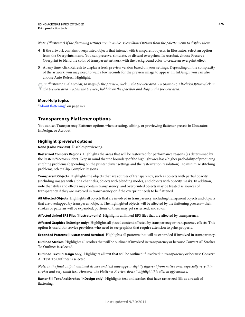 Transparency flattener options, Highlight (preview) options | Adobe Acrobat 9 PRO Extended User Manual | Page 481 / 546