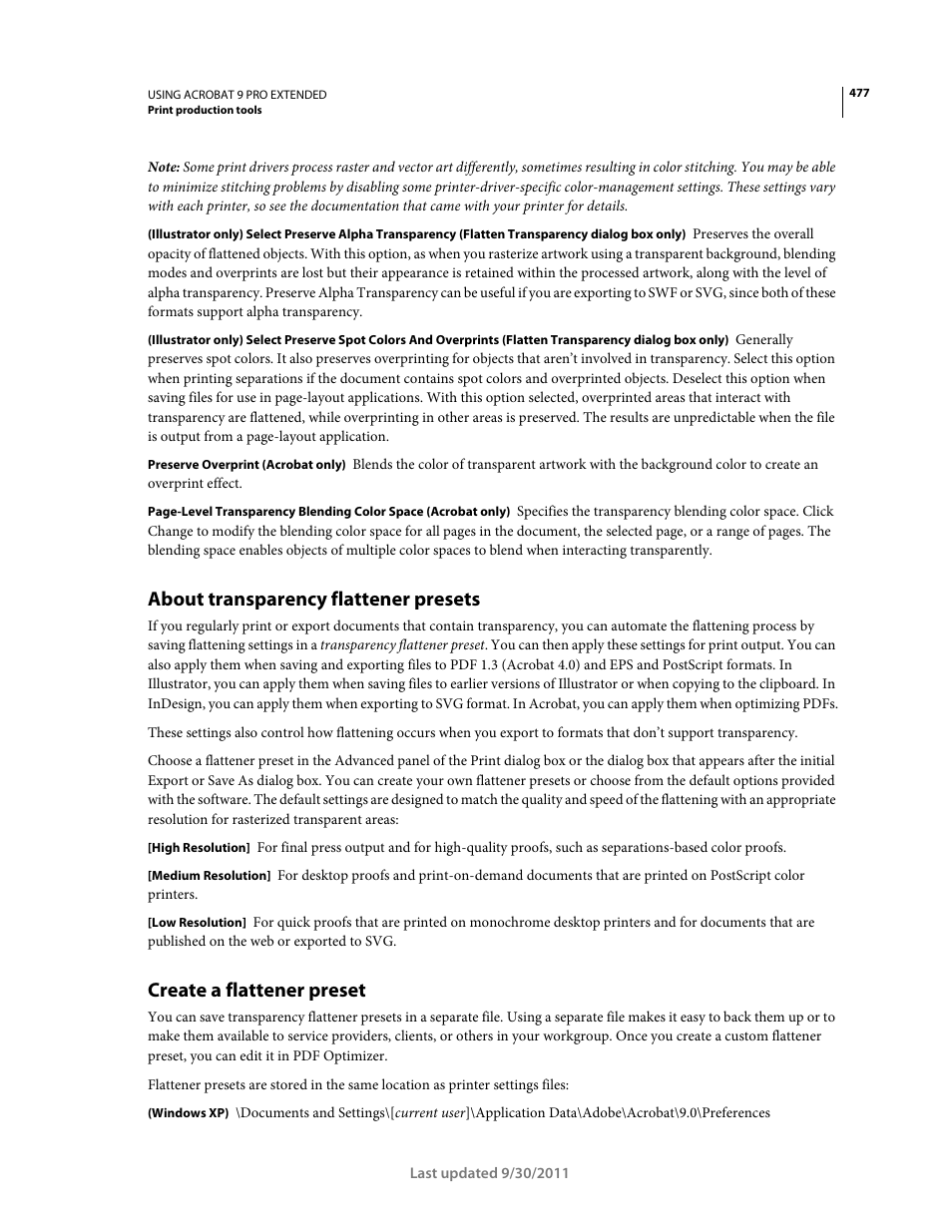 About transparency flattener presets, Create a flattener preset | Adobe Acrobat 9 PRO Extended User Manual | Page 483 / 546