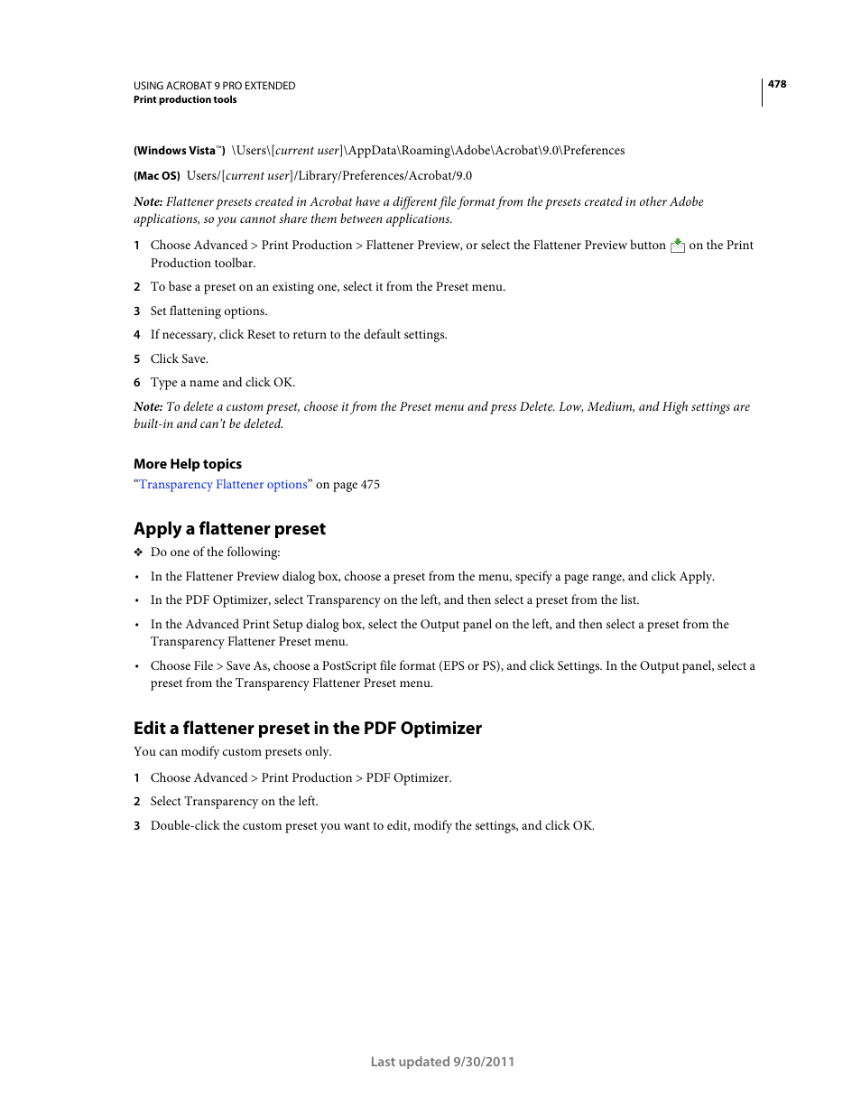 Apply a flattener preset, Edit a flattener preset in the pdf optimizer | Adobe Acrobat 9 PRO Extended User Manual | Page 484 / 546