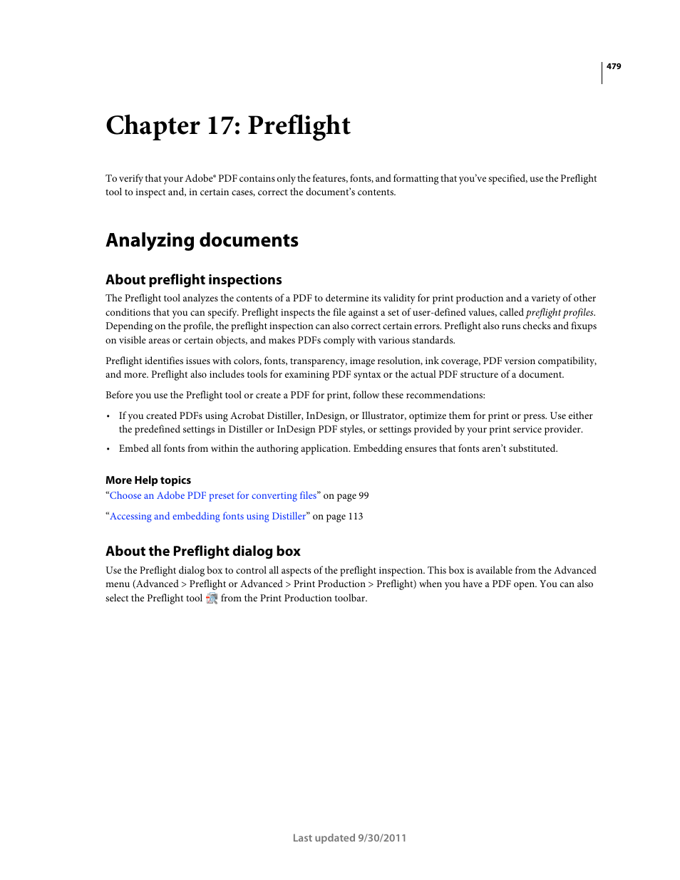 Chapter 17: preflight, Analyzing documents, About preflight inspections | About the preflight dialog box | Adobe Acrobat 9 PRO Extended User Manual | Page 485 / 546