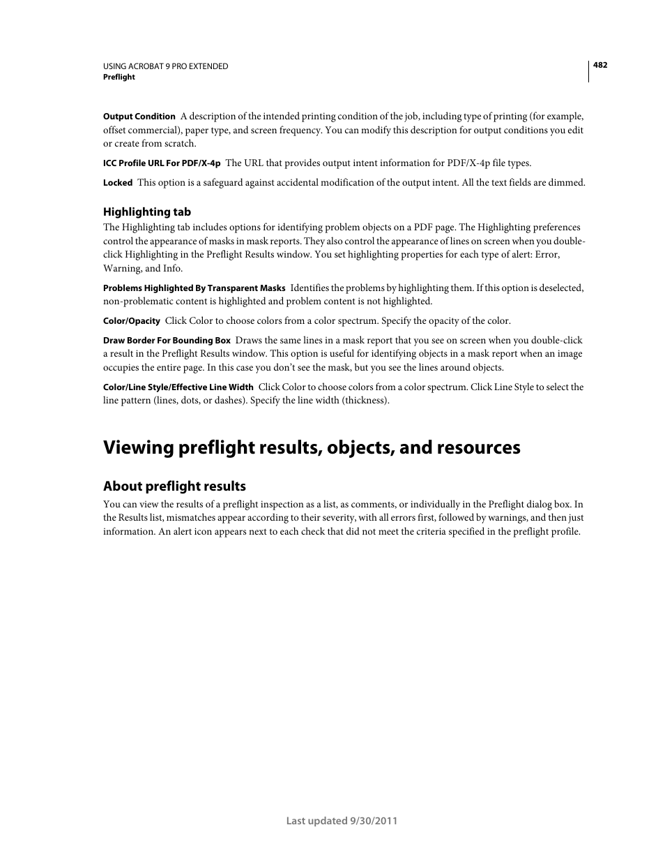 Highlighting tab, Viewing preflight results, objects, and resources, About preflight results | Adobe Acrobat 9 PRO Extended User Manual | Page 488 / 546