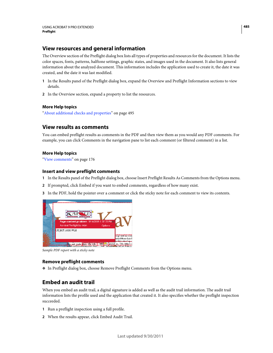 View resources and general information, View results as comments, Insert and view preflight comments | Remove preflight comments, Embed an audit trail | Adobe Acrobat 9 PRO Extended User Manual | Page 491 / 546