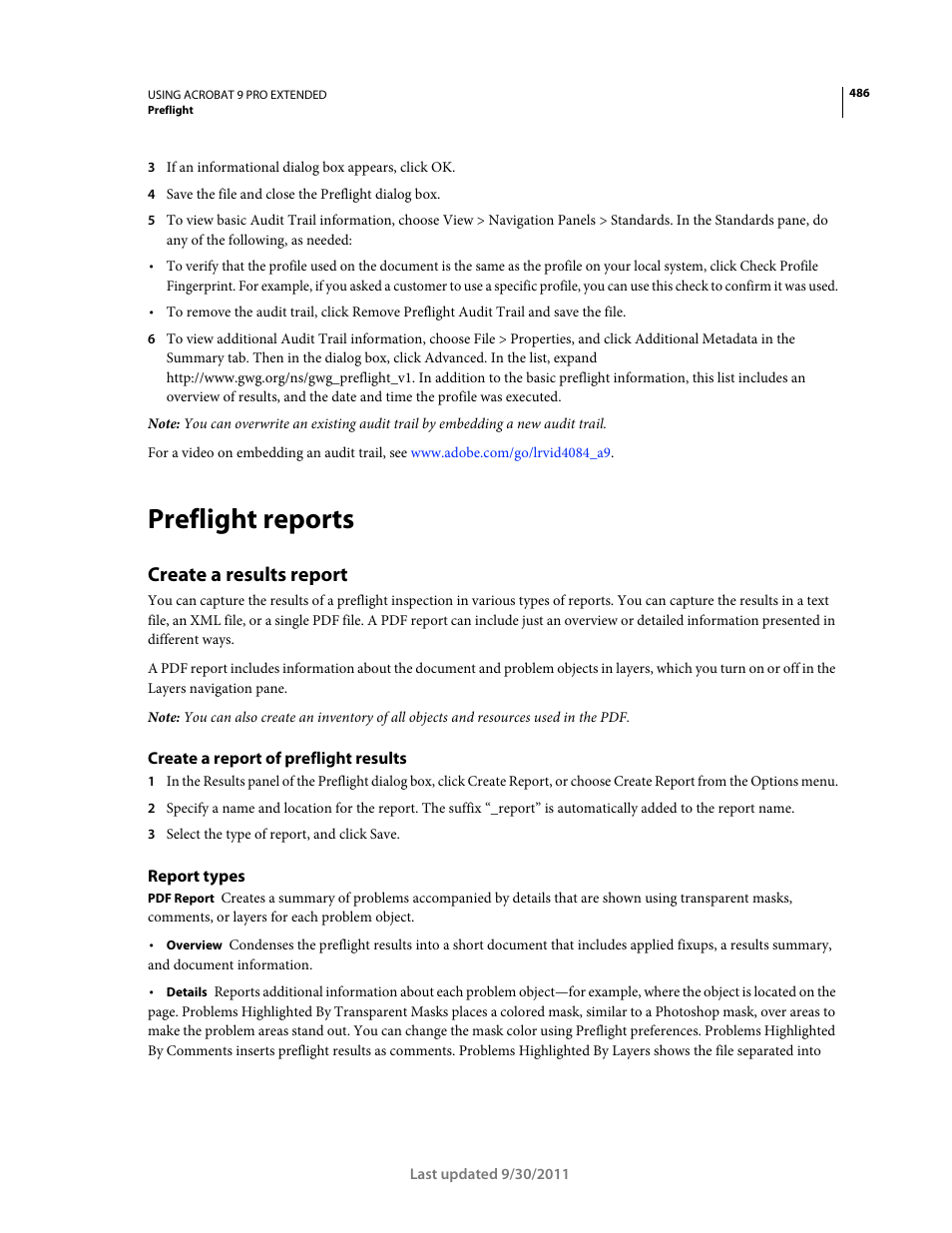 Preflight reports, Create a results report, Create a report of preflight results | Report types | Adobe Acrobat 9 PRO Extended User Manual | Page 492 / 546