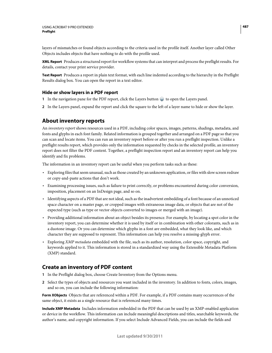 Hide or show layers in a pdf report, About inventory reports, Create an inventory of pdf content | Adobe Acrobat 9 PRO Extended User Manual | Page 493 / 546