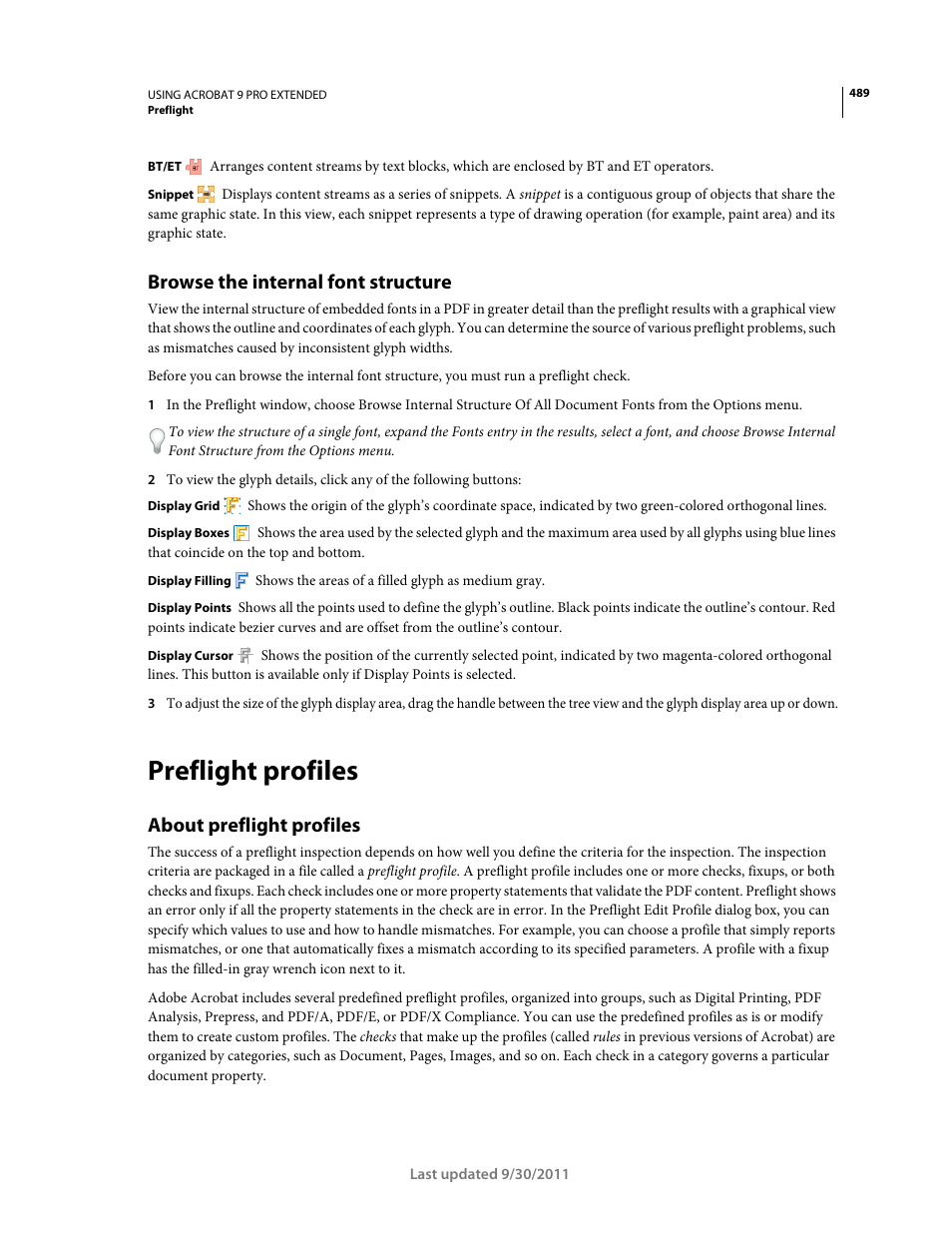 Browse the internal font structure, Preflight profiles, About preflight profiles | Adobe Acrobat 9 PRO Extended User Manual | Page 495 / 546