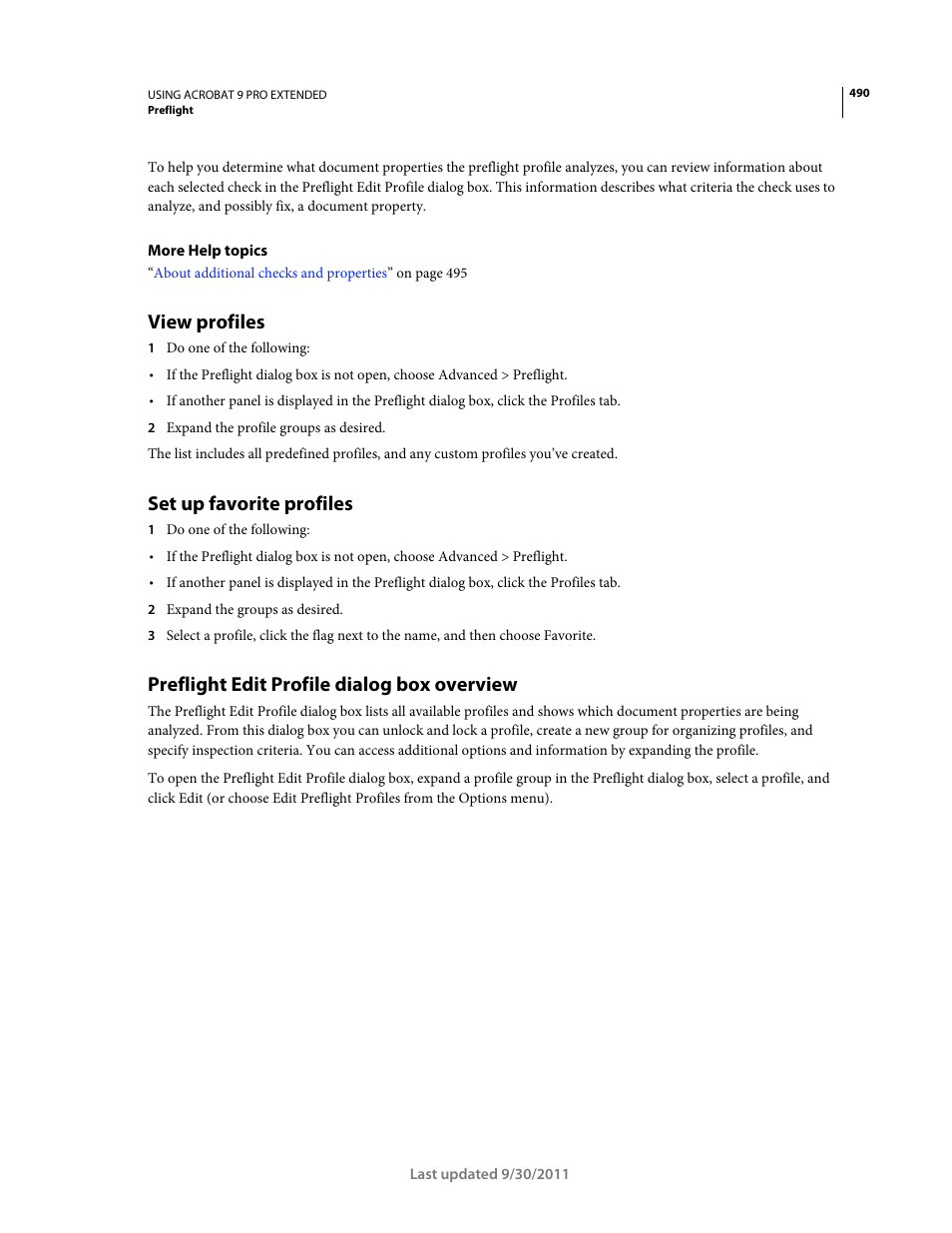 View profiles, Set up favorite profiles, Preflight edit profile dialog box overview | Adobe Acrobat 9 PRO Extended User Manual | Page 496 / 546