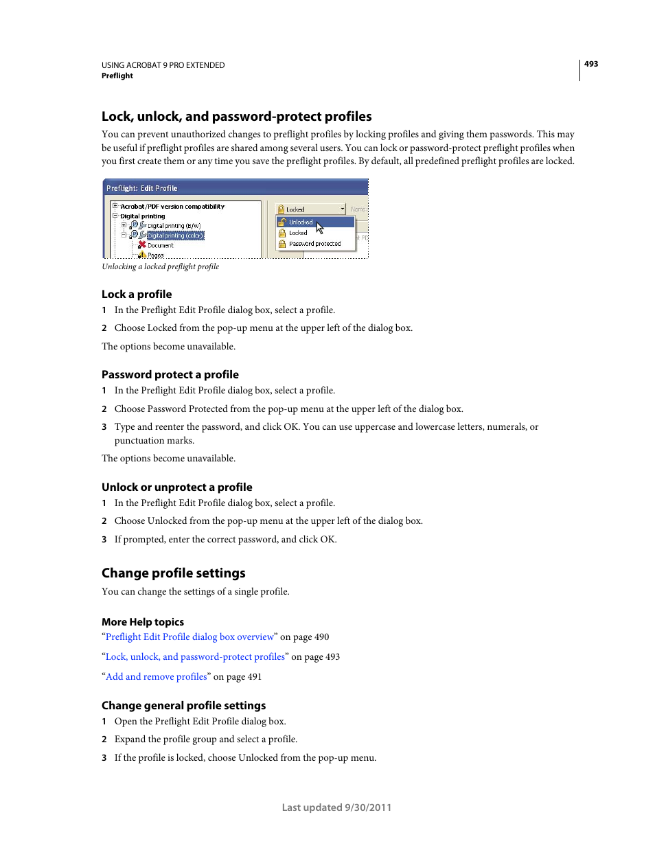 Lock, unlock, and password-protect profiles, Lock a profile, Password protect a profile | Unlock or unprotect a profile, Change profile settings, Change general profile settings | Adobe Acrobat 9 PRO Extended User Manual | Page 499 / 546