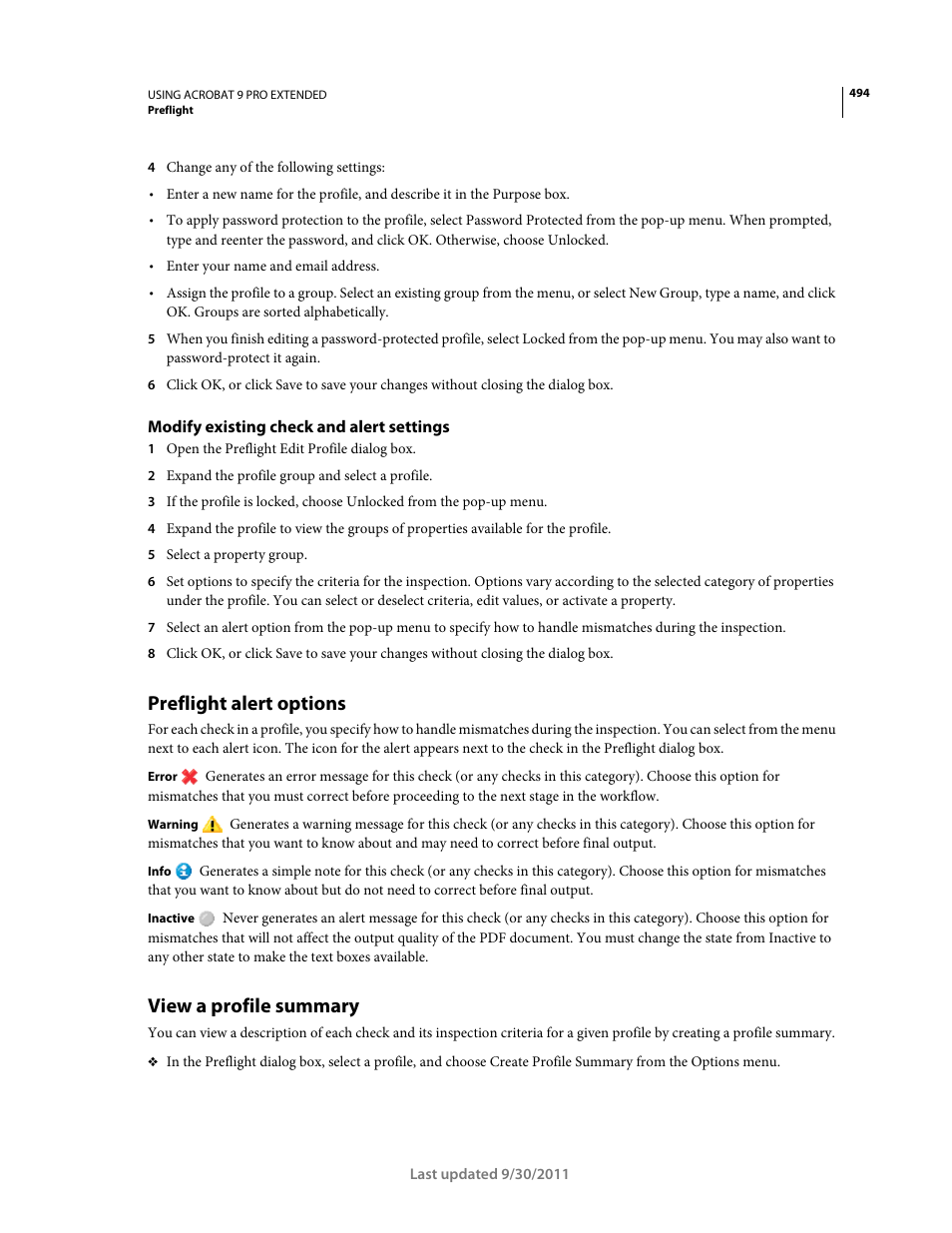 Modify existing check and alert settings, Preflight alert options, View a profile summary | Adobe Acrobat 9 PRO Extended User Manual | Page 500 / 546