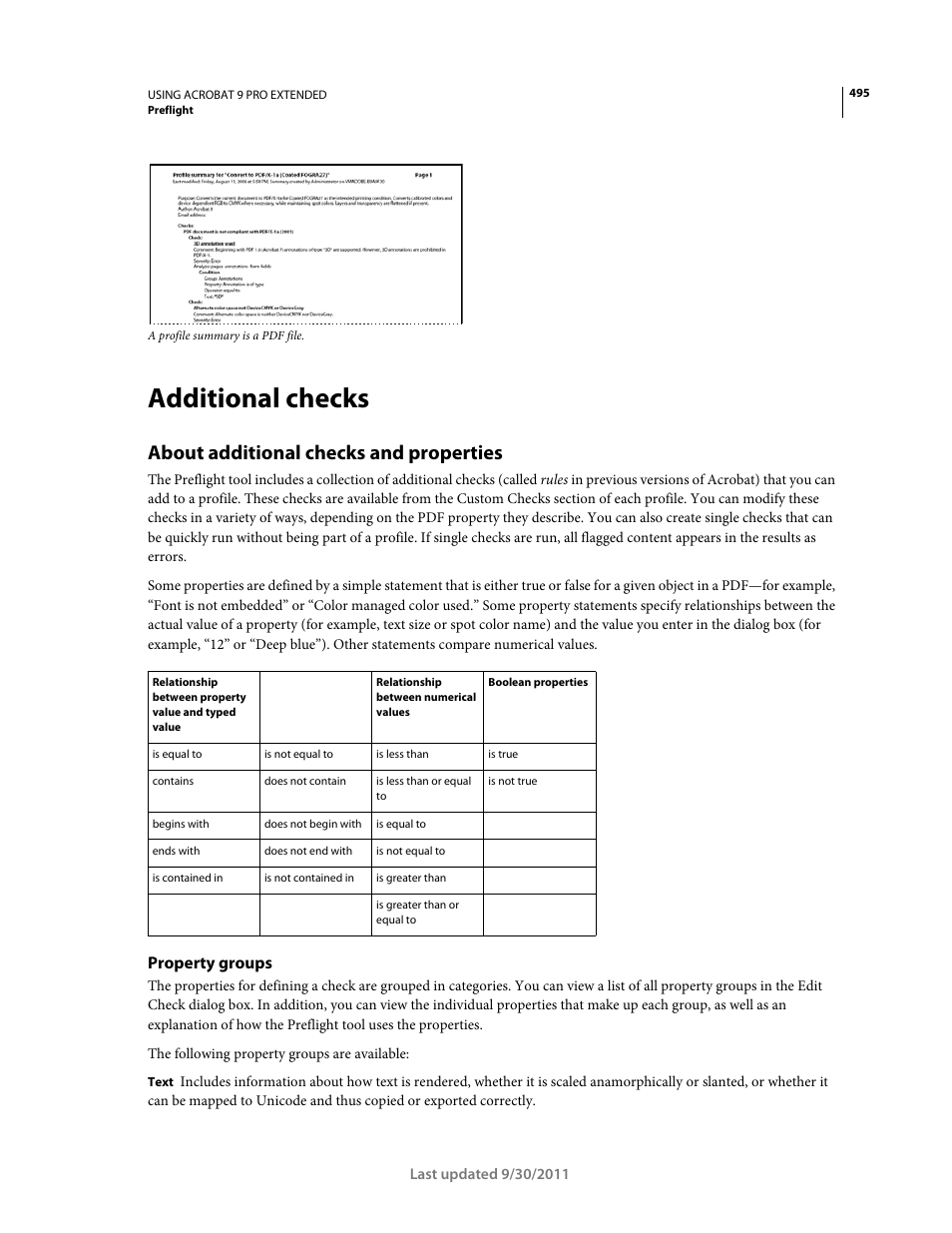 Additional checks, About additional checks and properties, Property groups | Adobe Acrobat 9 PRO Extended User Manual | Page 501 / 546