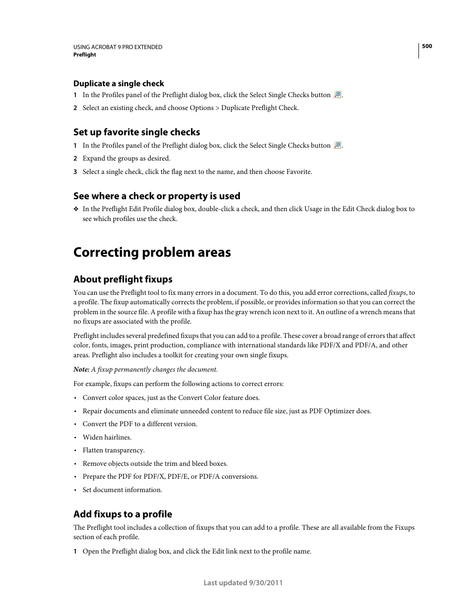 Duplicate a single check, Set up favorite single checks, See where a check or property is used | Correcting problem areas, About preflight fixups, Add fixups to a profile | Adobe Acrobat 9 PRO Extended User Manual | Page 506 / 546