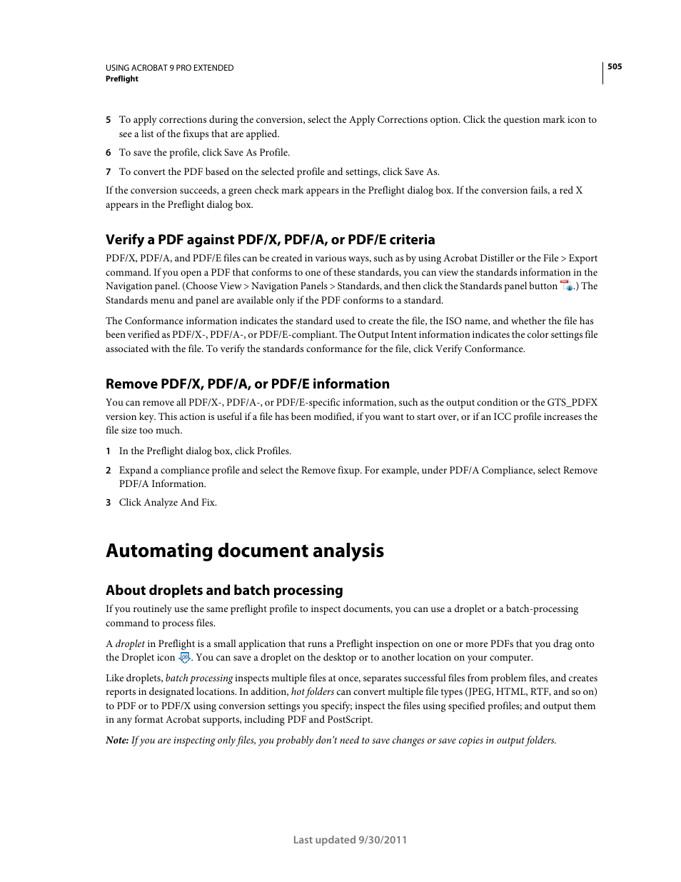 Remove pdf/x, pdf/a, or pdf/e information, Automating document analysis, About droplets and batch processing | Adobe Acrobat 9 PRO Extended User Manual | Page 511 / 546