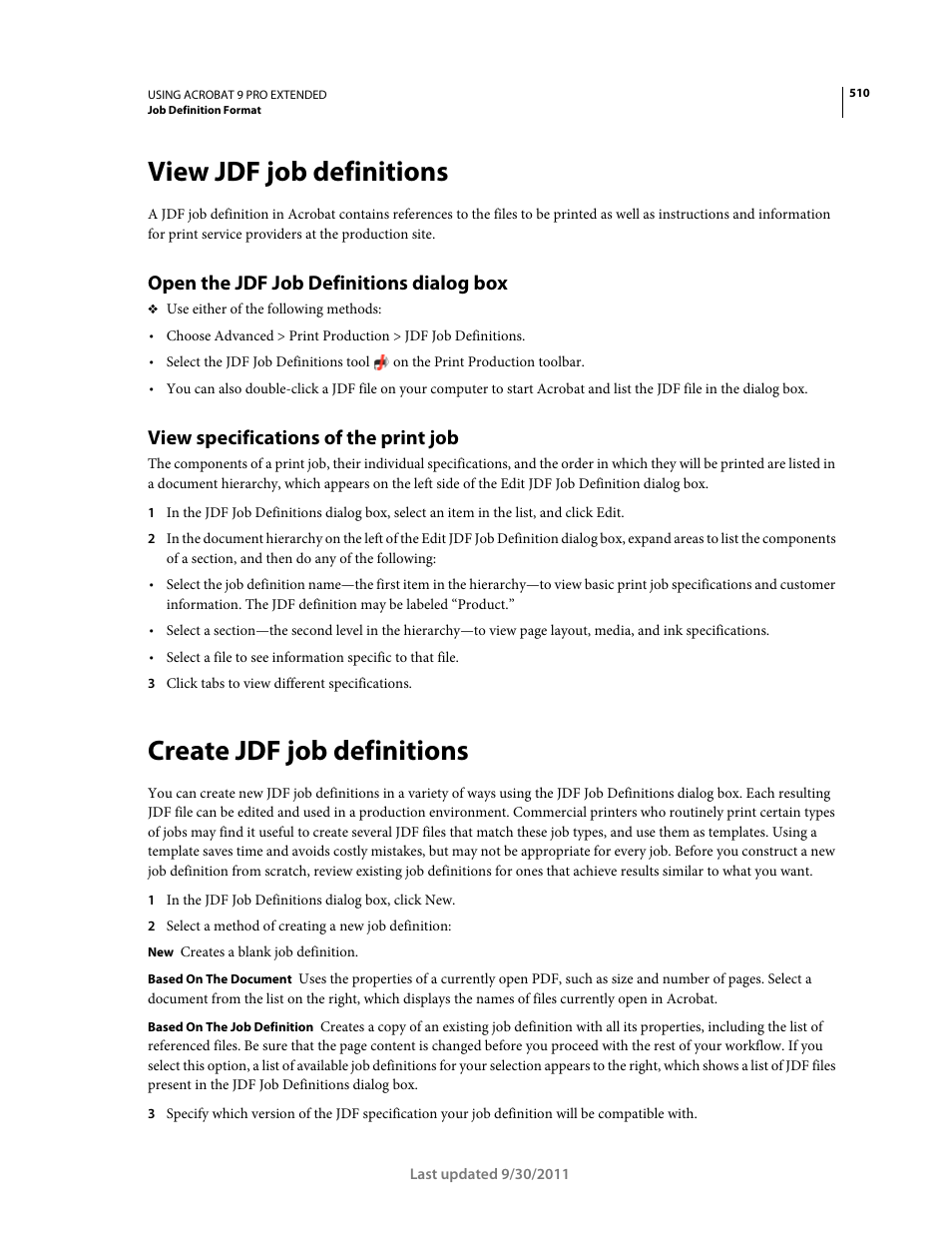 View jdf job definitions, Open the jdf job definitions dialog box, View specifications of the print job | Create jdf job definitions | Adobe Acrobat 9 PRO Extended User Manual | Page 516 / 546