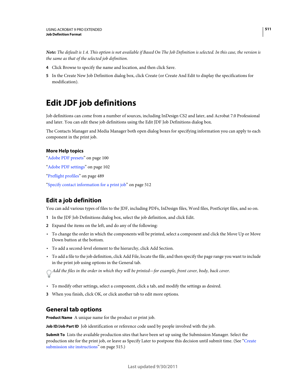 Edit jdf job definitions, Edit a job definition, General tab options | Adobe Acrobat 9 PRO Extended User Manual | Page 517 / 546