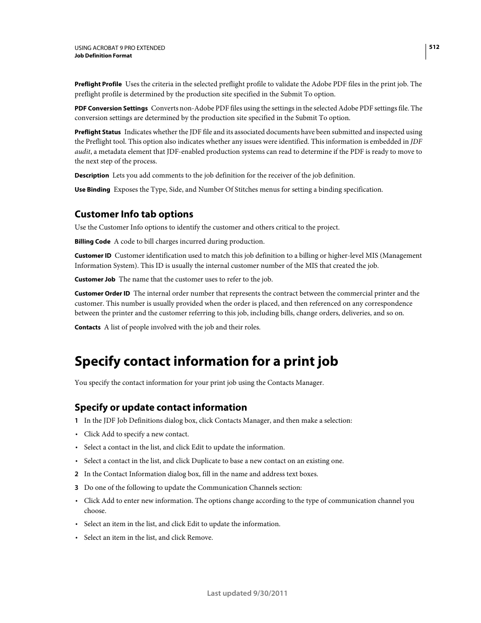 Customer info tab options, Specify contact information for a print job, Specify or update contact information | Adobe Acrobat 9 PRO Extended User Manual | Page 518 / 546