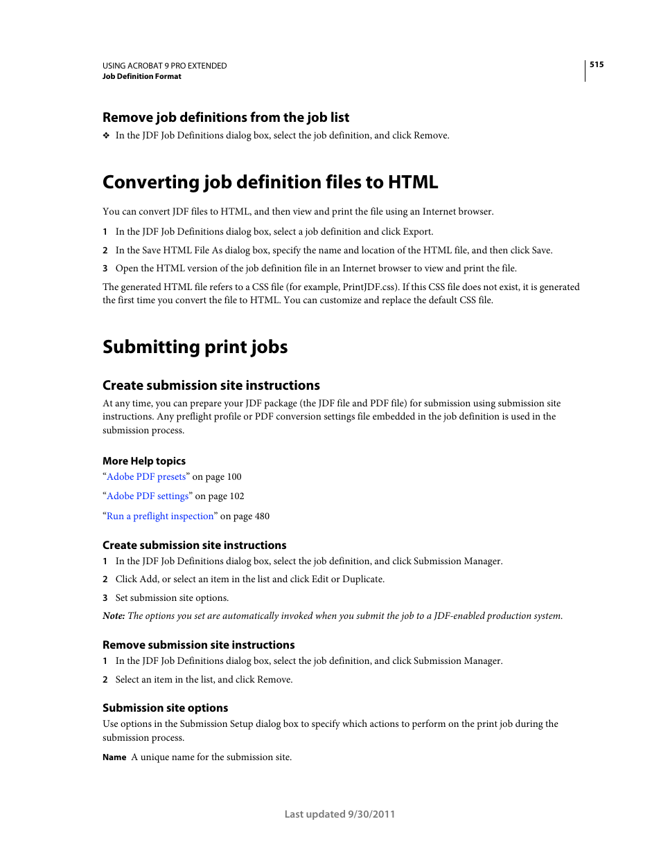 Remove job definitions from the job list, Converting job definition files to html, Submitting print jobs | Create submission site instructions, Remove submission site instructions, Submission site options, Create, Submission site instructions | Adobe Acrobat 9 PRO Extended User Manual | Page 521 / 546