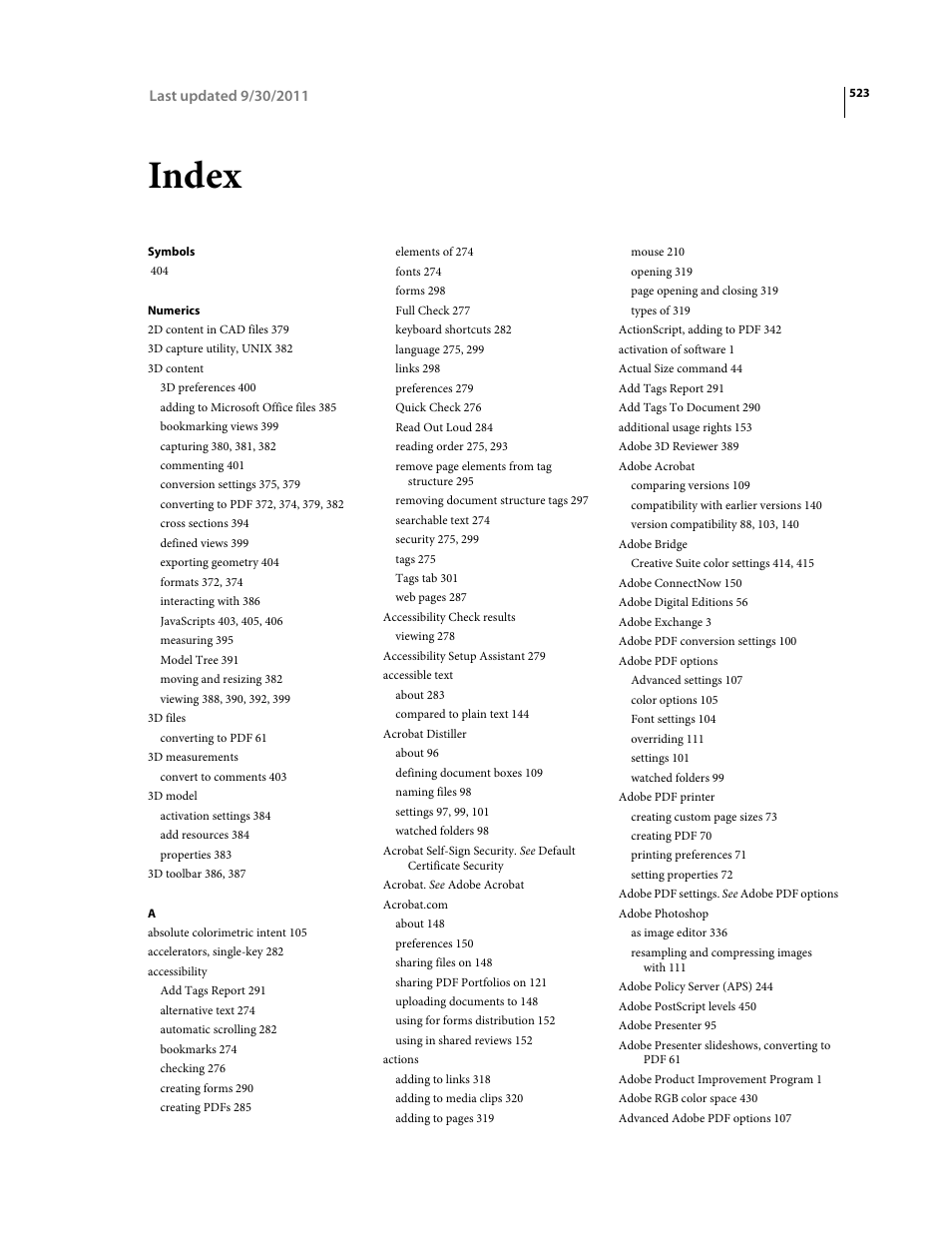 Index, Symbols, Numerics | Adobe Acrobat 9 PRO Extended User Manual | Page 529 / 546