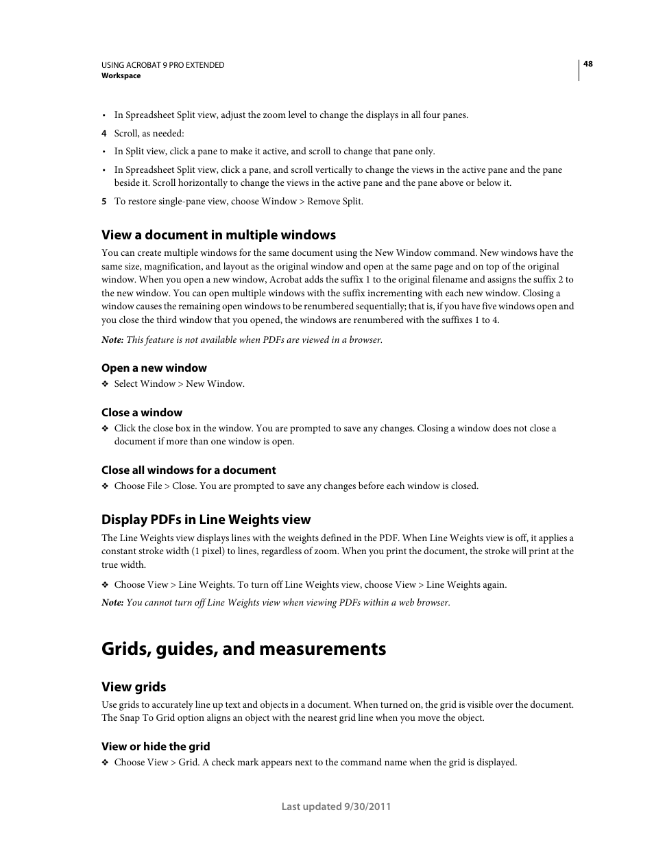 View a document in multiple windows, Open a new window, Close a window | Close all windows for a document, Display pdfs in line weights view, Grids, guides, and measurements, View grids, View or hide the grid | Adobe Acrobat 9 PRO Extended User Manual | Page 54 / 546