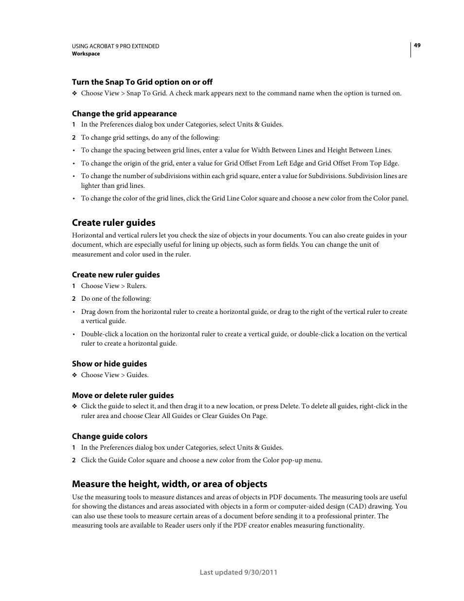 Turn the snap to grid option on or off, Change the grid appearance, Create ruler guides | Create new ruler guides, Show or hide guides, Move or delete ruler guides, Change guide colors, Measure the height, width, or area of objects | Adobe Acrobat 9 PRO Extended User Manual | Page 55 / 546