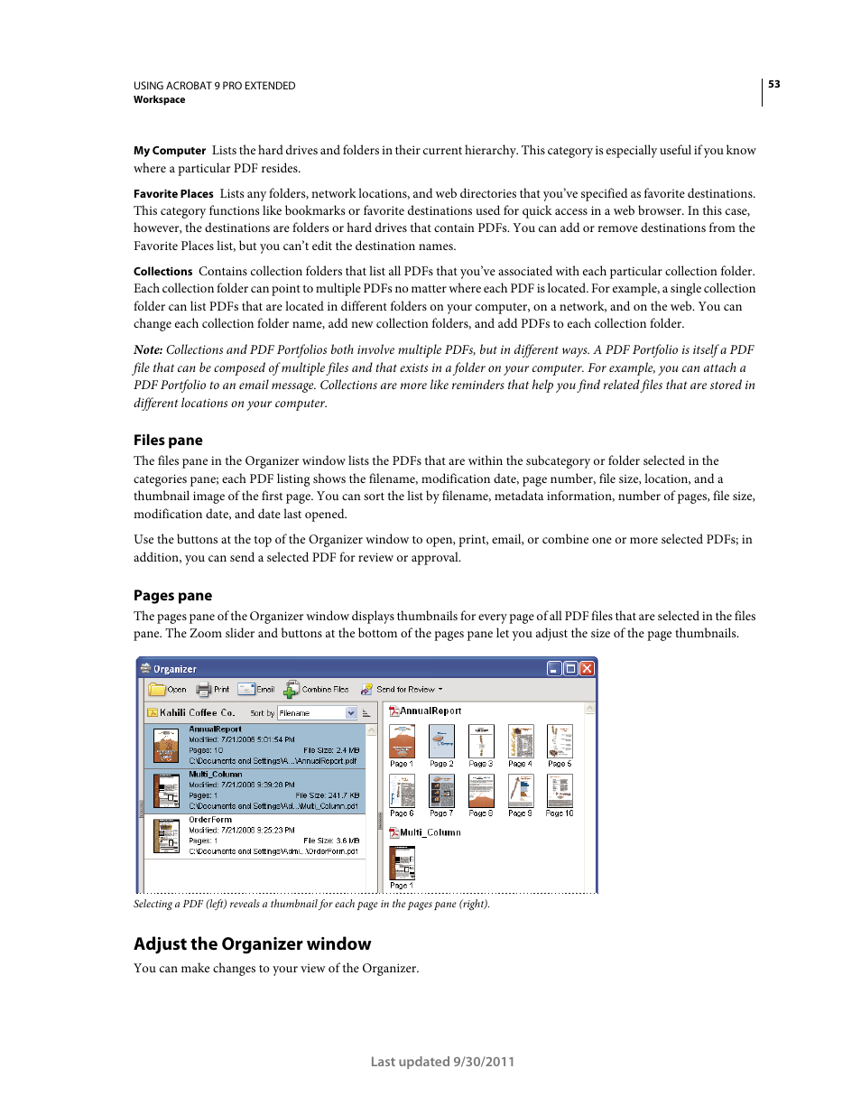 Files pane, Adjust the organizer window | Adobe Acrobat 9 PRO Extended User Manual | Page 59 / 546