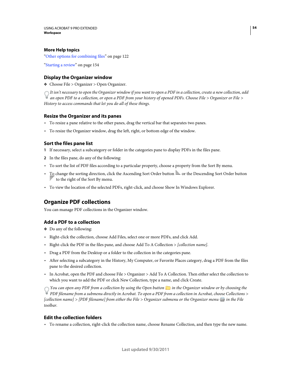 Display the organizer window, Resize the organizer and its panes, Sort the files pane list | Organize pdf collections, Add a pdf to a collection, Edit the collection folders | Adobe Acrobat 9 PRO Extended User Manual | Page 60 / 546