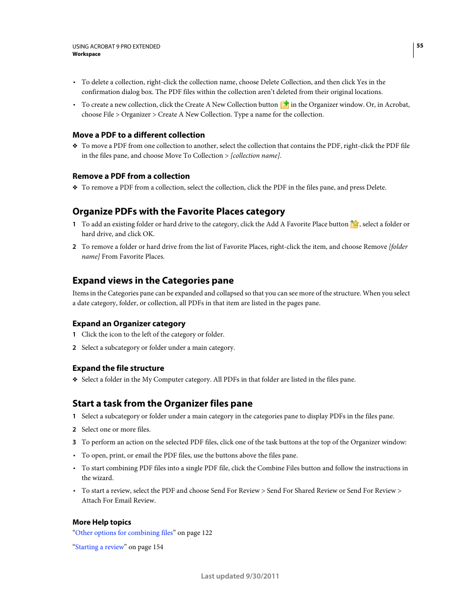 Move a pdf to a different collection, Remove a pdf from a collection, Organize pdfs with the favorite places category | Expand views in the categories pane, Expand an organizer category, Expand the file structure, Start a task from the organizer files pane | Adobe Acrobat 9 PRO Extended User Manual | Page 61 / 546