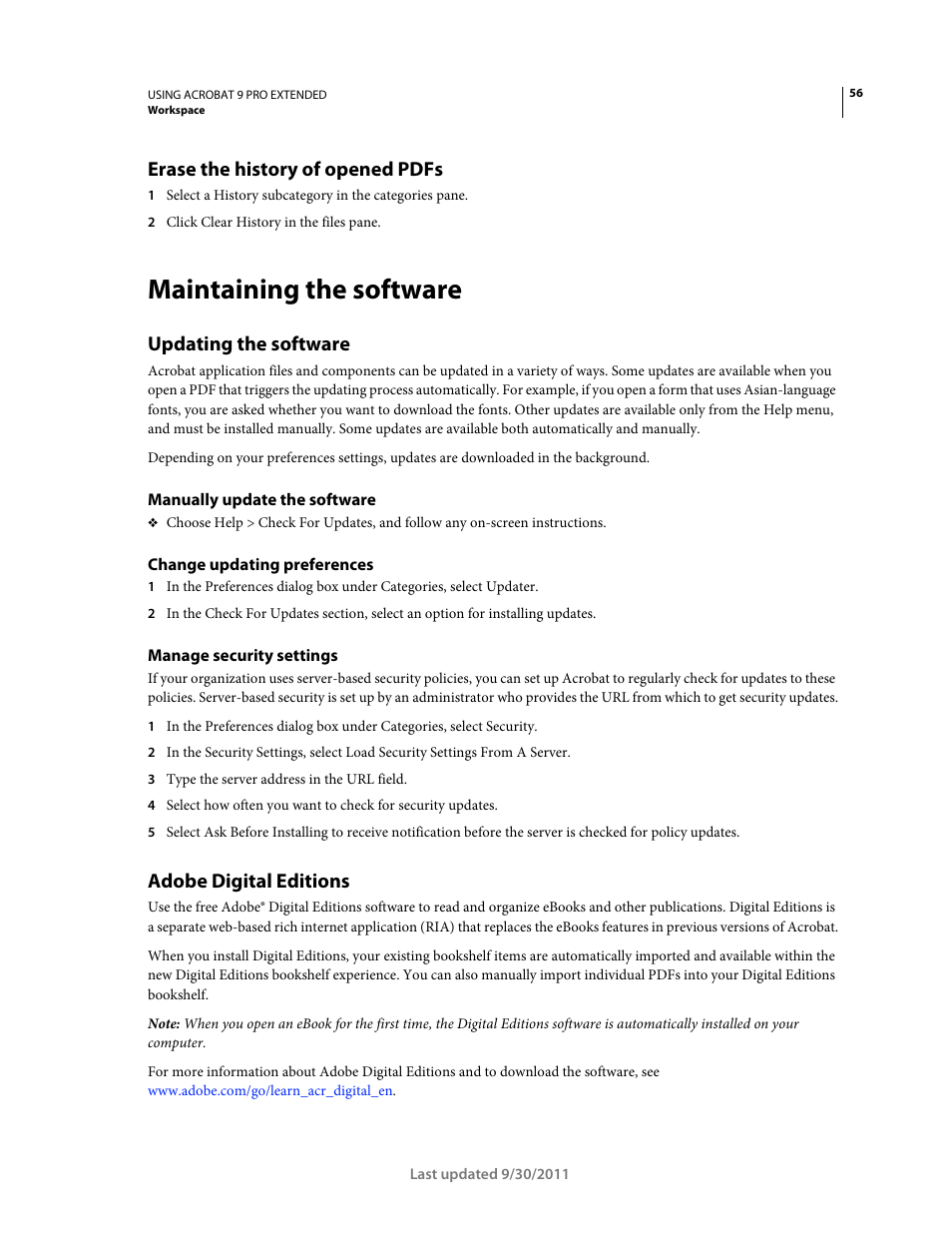 Erase the history of opened pdfs, Maintaining the software, Updating the software | Manually update the software, Change updating preferences, Manage security settings, Adobe digital editions | Adobe Acrobat 9 PRO Extended User Manual | Page 62 / 546