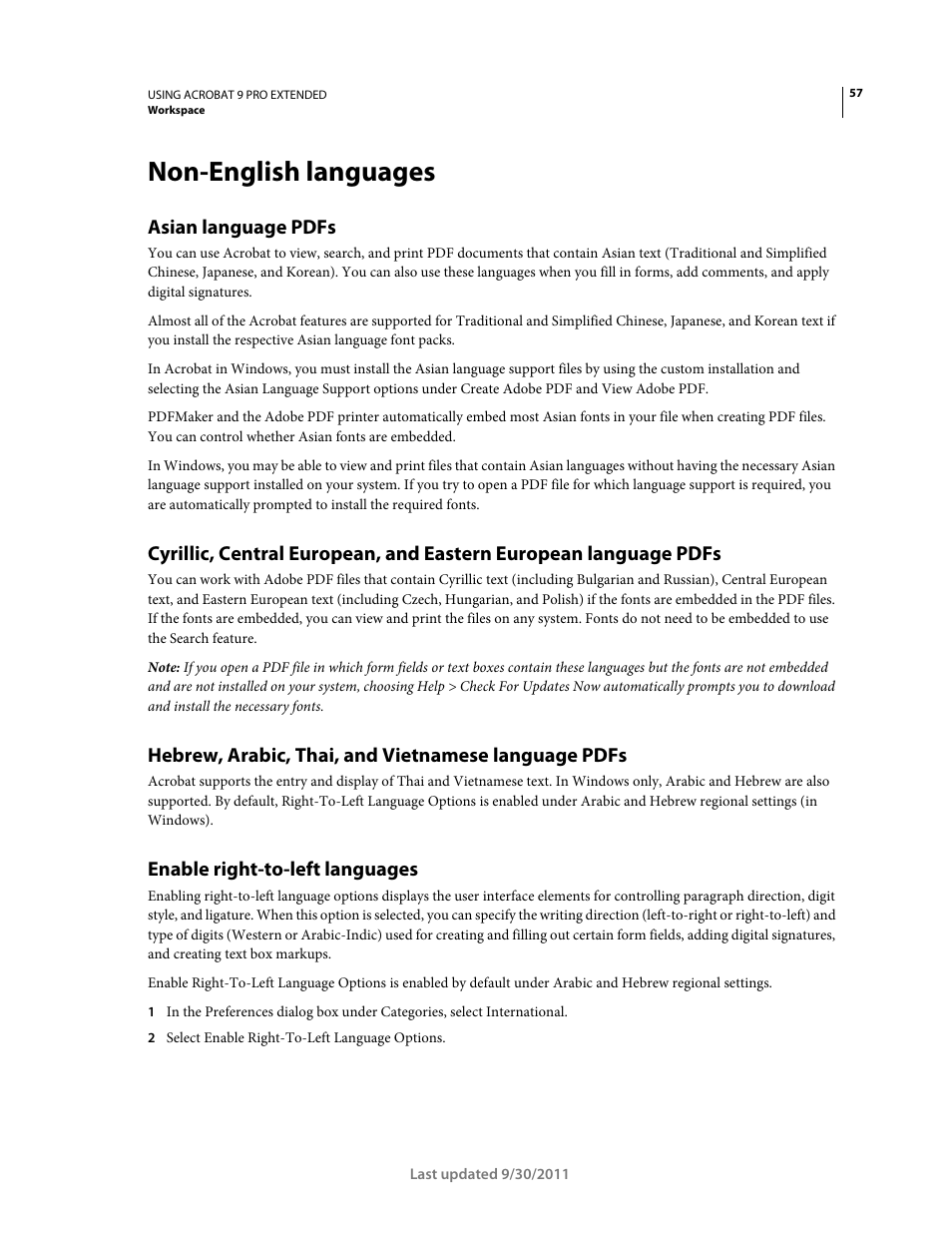 Non-english languages, Asian language pdfs, Hebrew, arabic, thai, and vietnamese language pdfs | Enable right-to-left languages | Adobe Acrobat 9 PRO Extended User Manual | Page 63 / 546