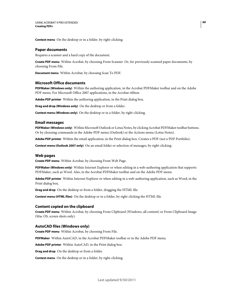 Paper documents, Microsoft office documents, Email messages | Content copied on the clipboard, Autocad files (windows only) | Adobe Acrobat 9 PRO Extended User Manual | Page 66 / 546