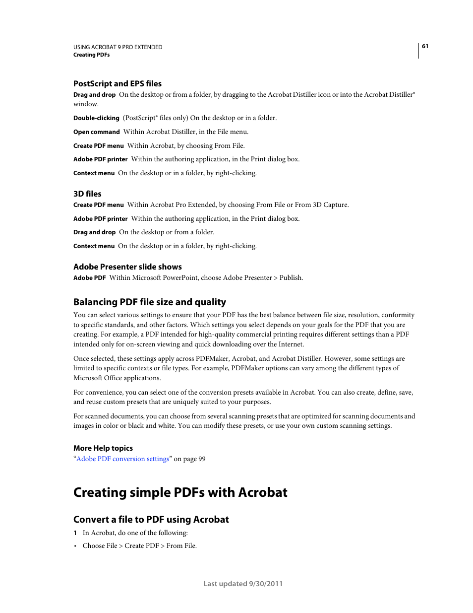 Postscript and eps files, 3d files, Adobe presenter slide shows | Balancing pdf file size and quality, Creating simple pdfs with acrobat, Convert a file to pdf using acrobat | Adobe Acrobat 9 PRO Extended User Manual | Page 67 / 546