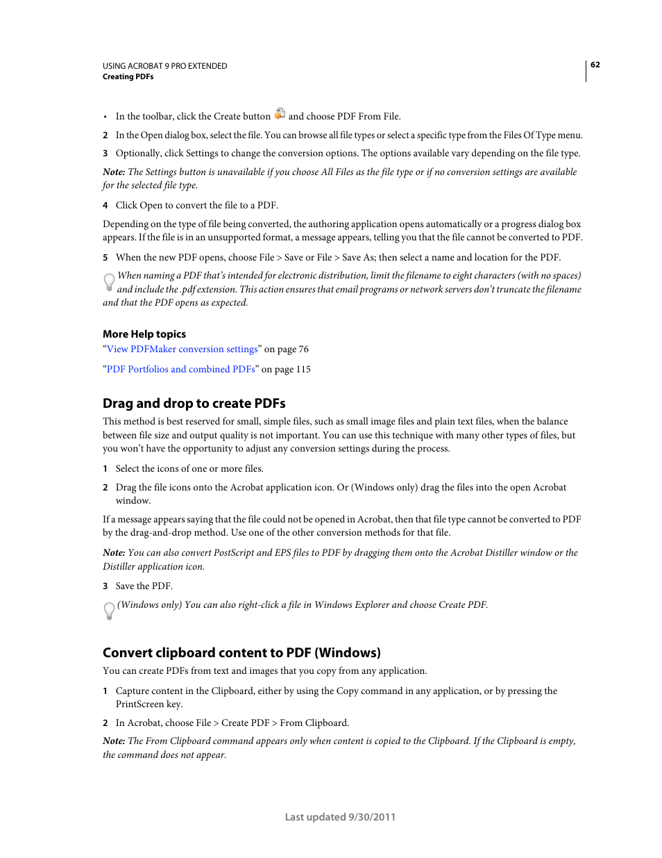 Drag and drop to create pdfs, Convert clipboard content to pdf (windows) | Adobe Acrobat 9 PRO Extended User Manual | Page 68 / 546