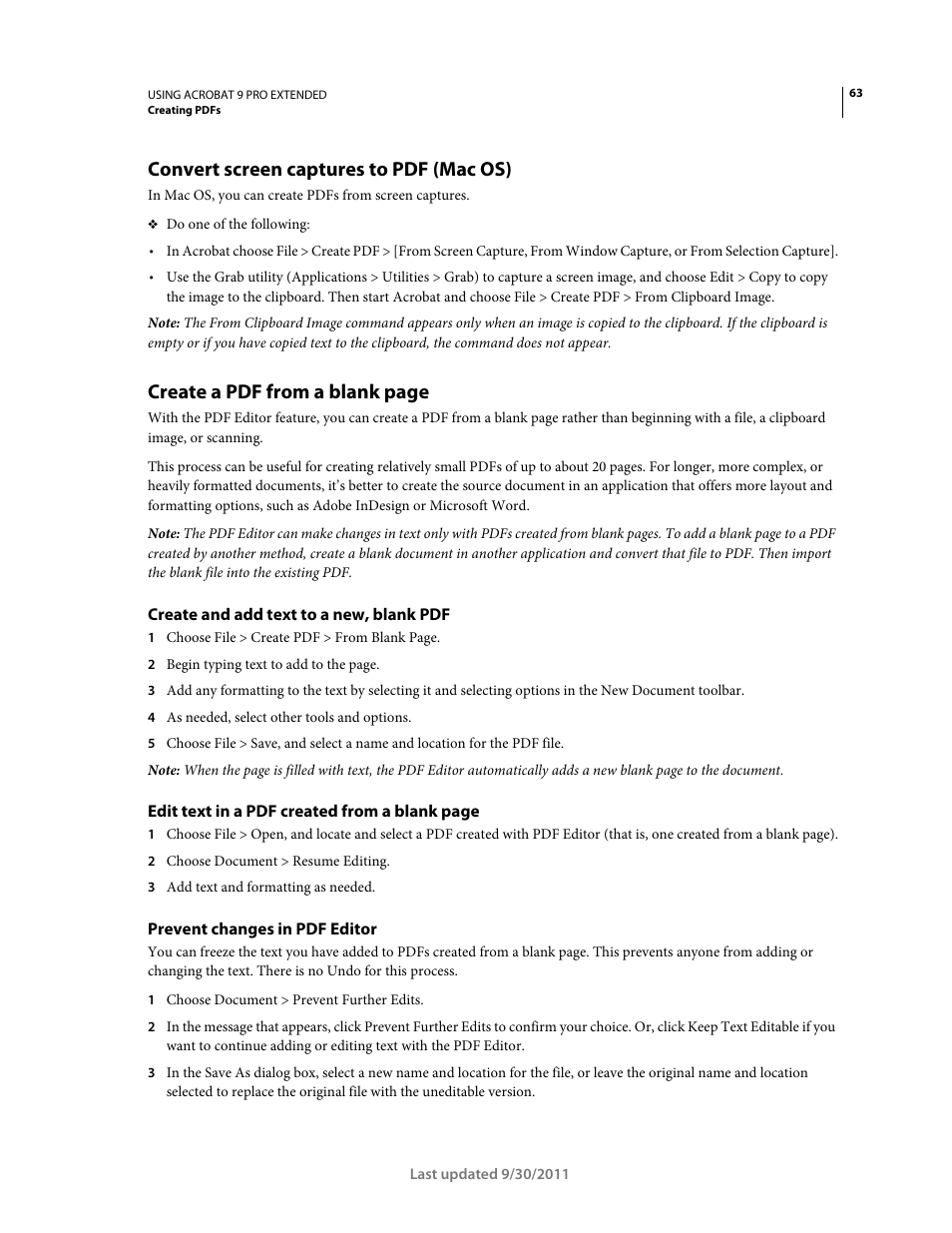 Convert screen captures to pdf (mac os), Create and add text to a new, blank pdf, Prevent changes in pdf editor | Create a pdf from a blank page | Adobe Acrobat 9 PRO Extended User Manual | Page 69 / 546